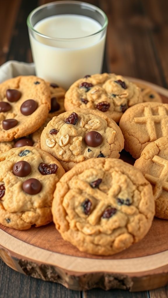 A delicious assortment of chocolate chip, oatmeal raisin, and peanut butter cookies on a wooden platter, with a glass of milk.